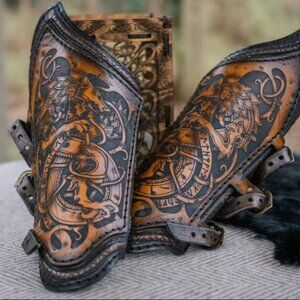 Handmade Leather Viking Renaissance Arm Bracers - Genuine Tooled Leather